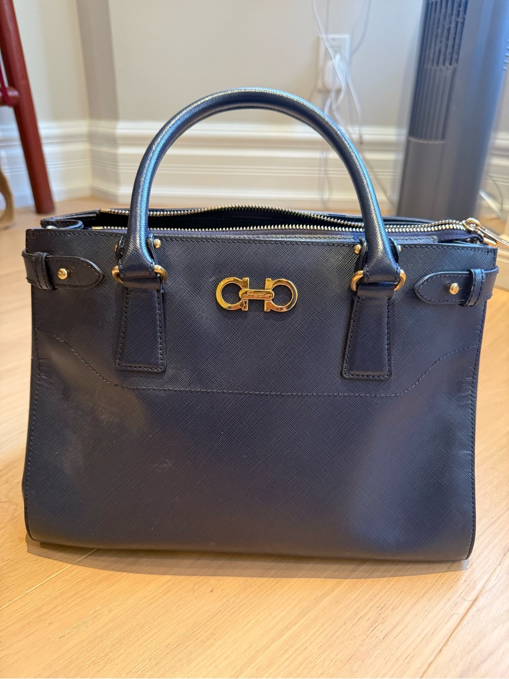 Salvatore Ferragamo Blue Saffiano Leather Satchel with Gold Hardware